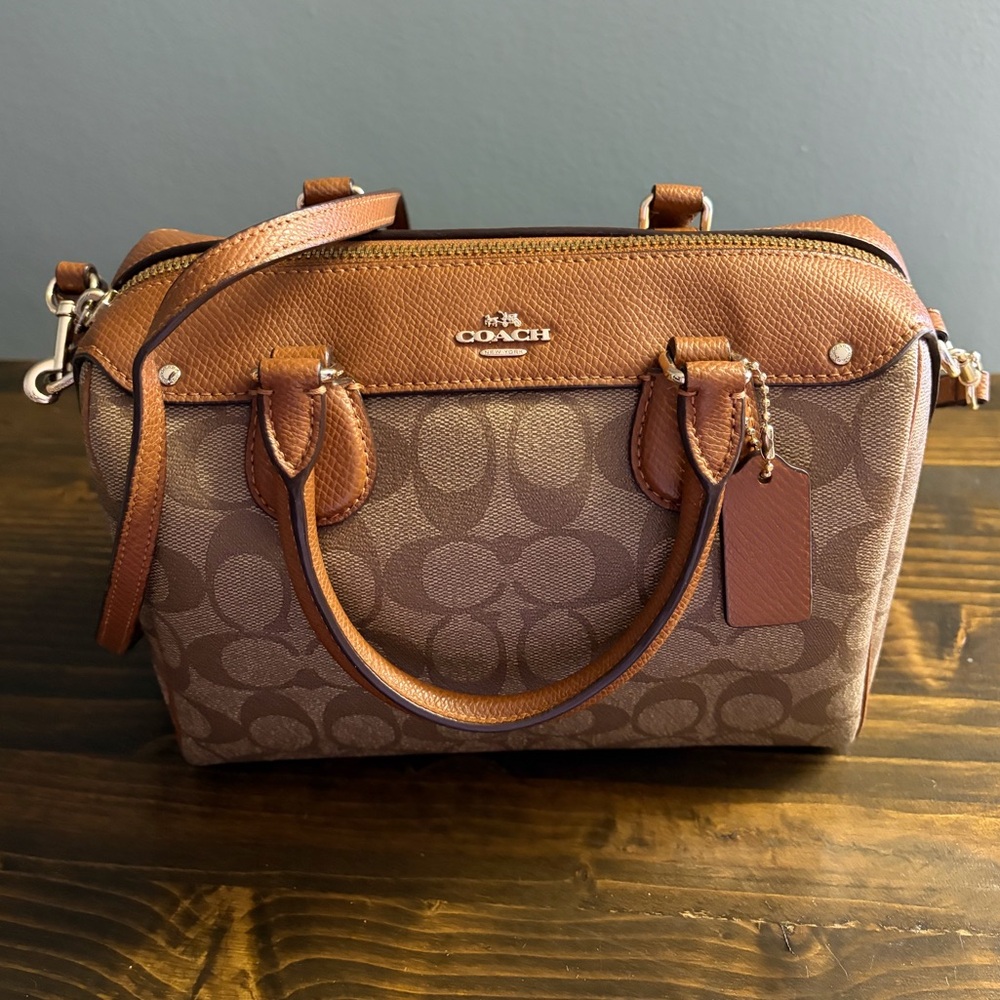 Coach Mini Bennett Satchel Khaki &Brown Coated Canvas & Saddle Leather Trim